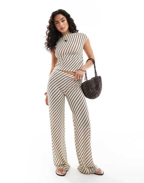 Pull&Bear – Brun och vit, randig, enaxlad topp, del av set - view 1