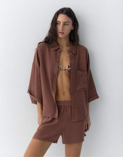 Pull&Bear – Brun, rustik skjorta i linnemix - view 1