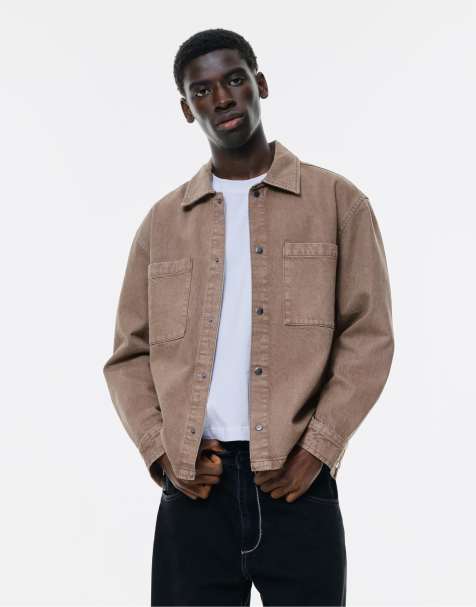 Pull&Bear – Brun, stentvättad overshirt - view 1