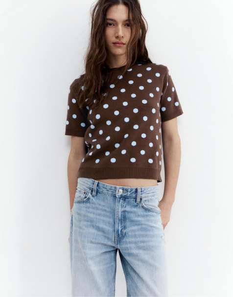 Pull&Bear - Brun strikket top med polkaprikker - view 1