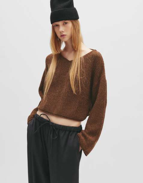 Pull&Bear - Brun sweater i chenille med V-hals - view 1