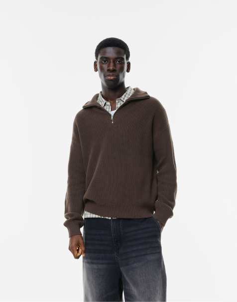 Pull&Bear - Brun sweater med kvart lynlås - view 1