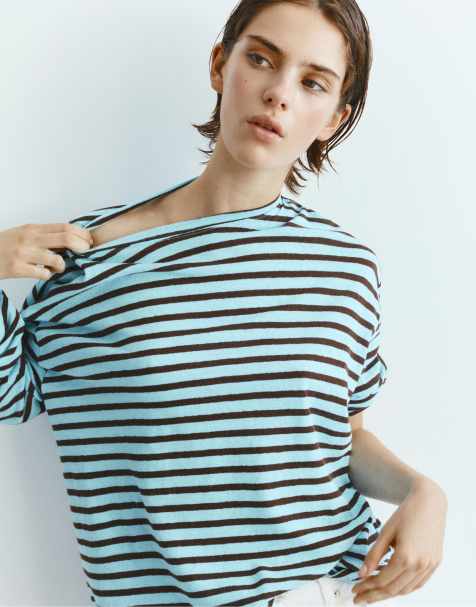 Pull&Bear - Brun T-shirt med lange ærmer og striber - view 1