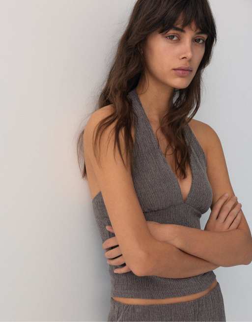 Pull&Bear - Brun top i crepe med halterneck, 3 af 4