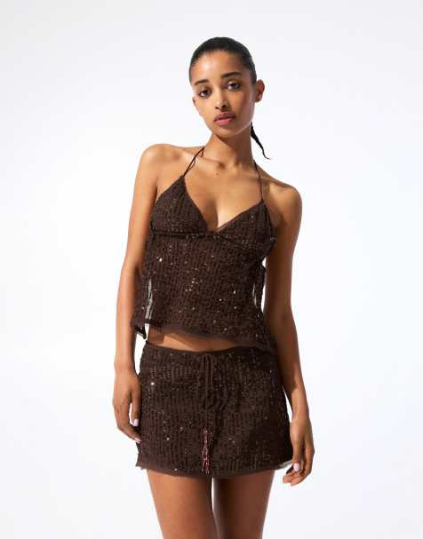 Pull&Bear - Brun top med halterneck og pailletter - view 1