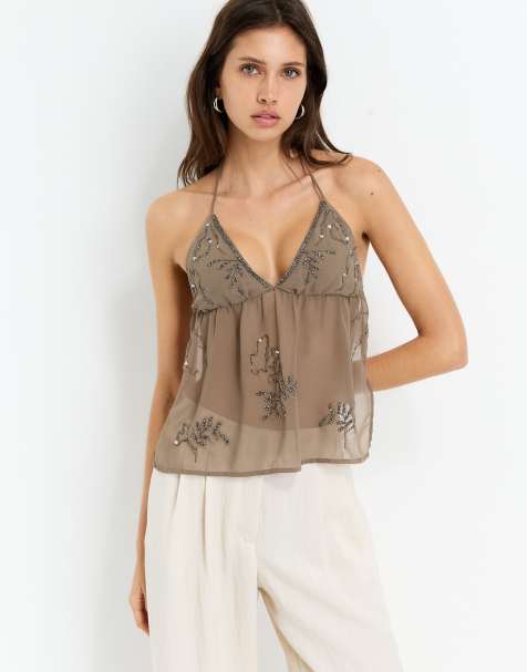 Pull&Bear – Brun topp med pärlor - view 1