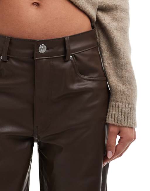 Pull&Bear – Bruna byxor med raka ben i läderimitation, 4 av 5