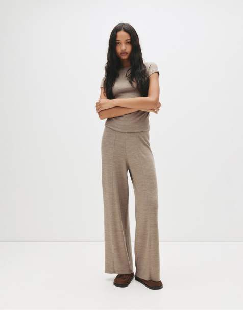 Pull&Bear – Bruna, stickade byxor med vida ben - view 1