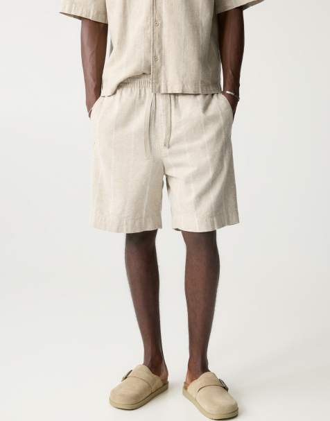 Pull&Bear - Brune jogging-bermudashorts med striber i hørblanding - view 1