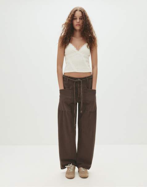 Pull&Bear - Brune posede bukser med løbesnor - view 1