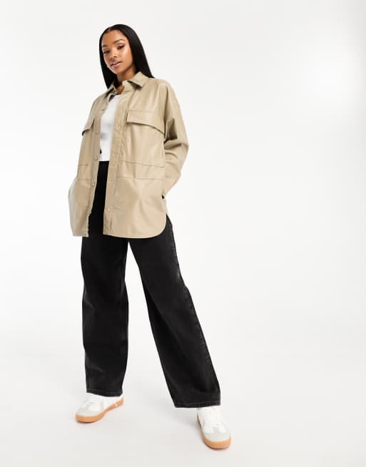 Pull&Bear – Brungrå overshirt i läderimitation, 4 av 4