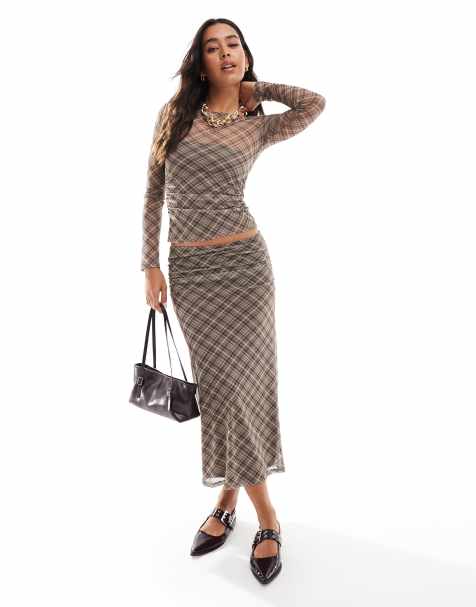 Pull&Bear – Brunrutig midikjol i mesh, del av set - view 1
