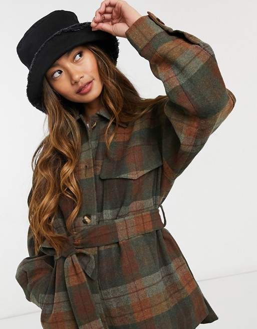Pull&Bear brushed check shacket with tie waist in grey and brown