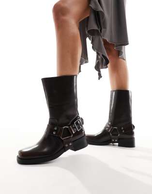 Pull&Bear buckle detail boots in brown