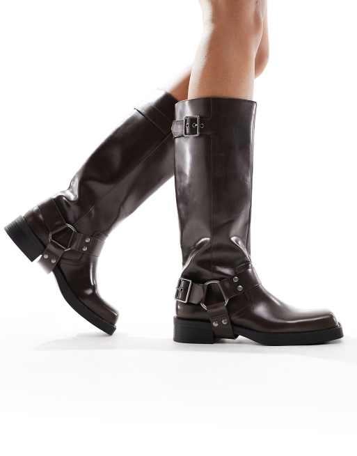 Pull Bear buckle detail knee length boot in vintage brown ASOS
