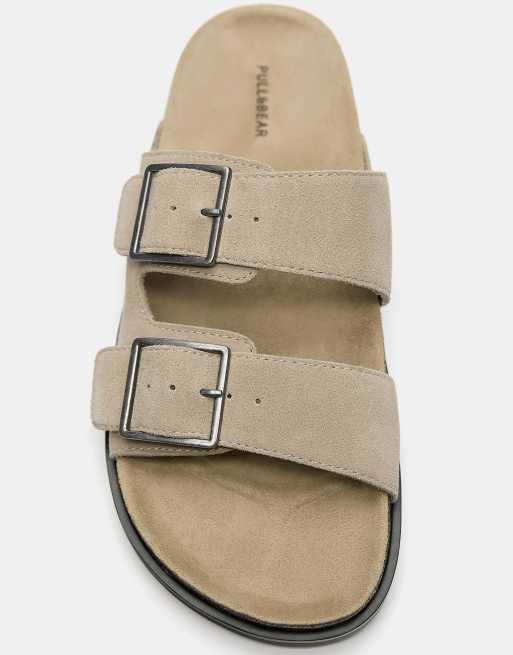 Pull&Bear Buckled leather flat sandals in ecru, 3 of 4