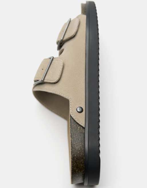 Pull&Bear Buckled leather flat sandals in ecru, 4 of 4