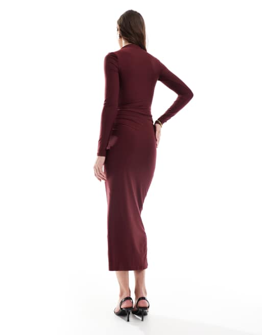 Pull&Bear – Burgundowa, przylegająca sukienka poliamidowa maxi z marszczeniem, 3 z 4