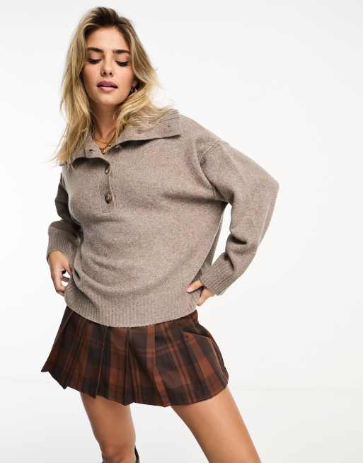Pull&Bear button detail oversized knitted jumper in taupe brown