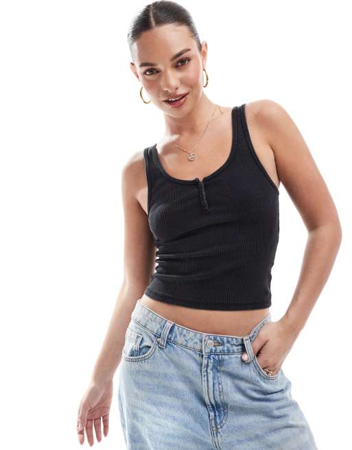 Pull&Bear button down ribbed singlet in black