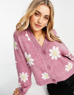 Pull&Bear button front cardigan in purple with daisy print