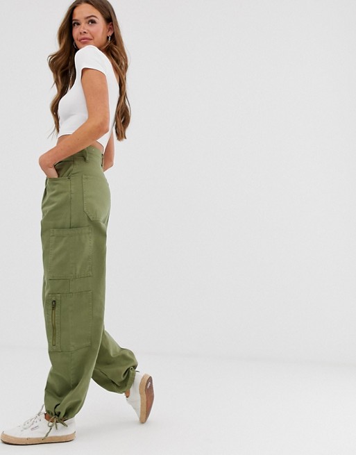 Pull&Bear button front cargo pants in khaki