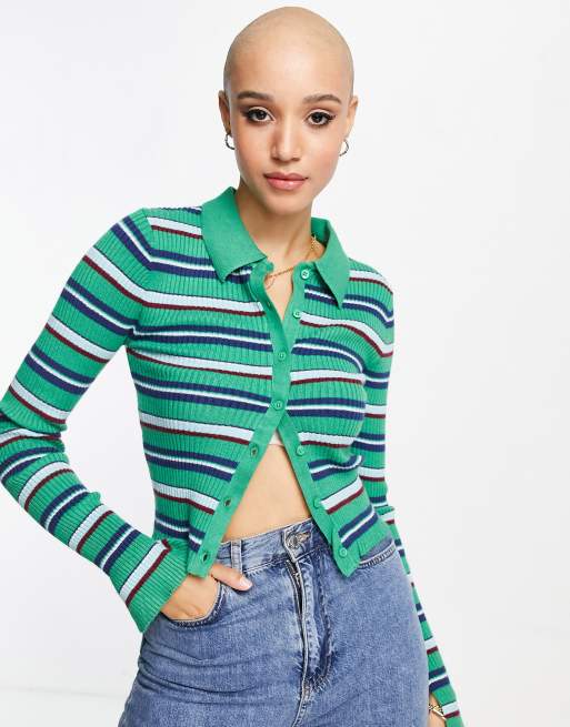 Pull&Bear button front collar fine knit cardigan in green stripe, 2 of 4