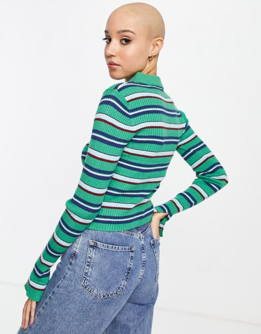 Pull&Bear button front collar fine knit cardigan in green stripe, 3 of 4