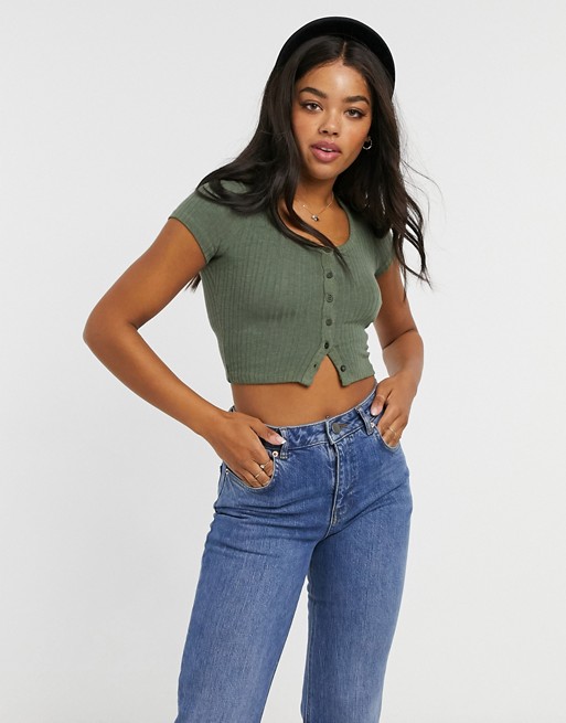 Pull&Bear button front crop top in khaki