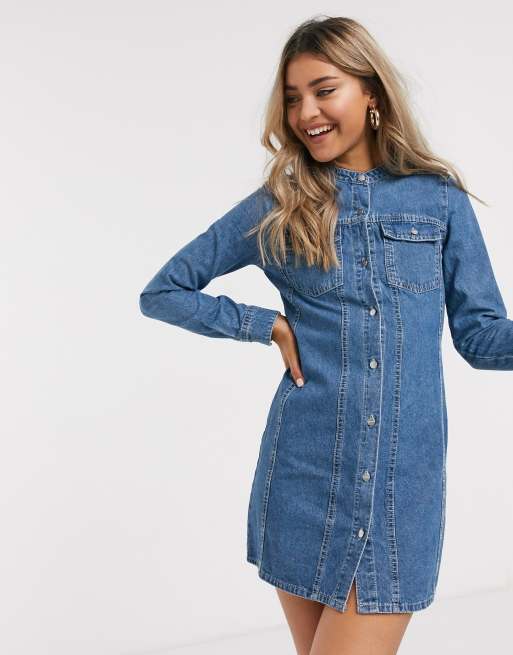 Pull&Bear button front denim mini dress in blue