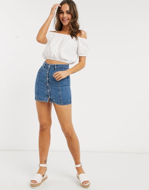 Pull Bear button front denim mini skirt in dark blue