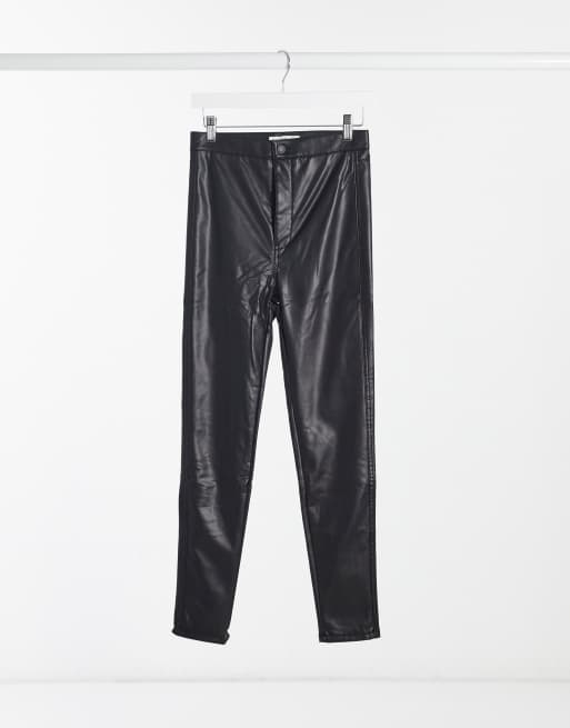 Pull&Bear button front faux leather jeggings in black