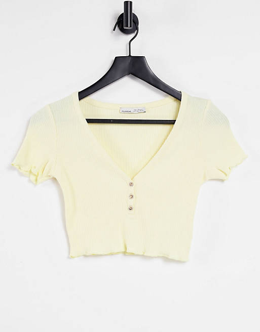 Pull&Bear button front jersey cropped tshirt in yellow