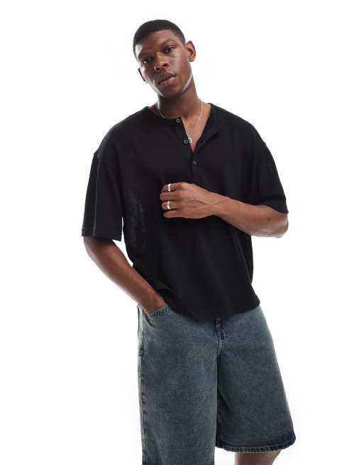 Pull&Bear button front knitted t-shirt in washed black