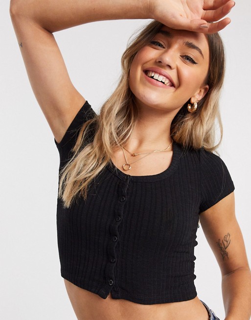 Pull&Bear button front ribbed top in black
