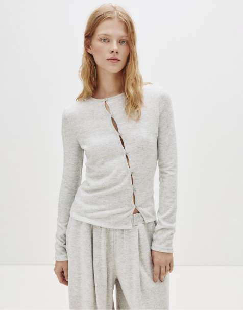 Pull&Bear Button front t-shirt in grey marl