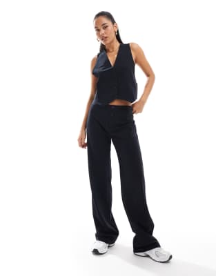 button front wide leg tailored pants in navy pinstripe - part of a set