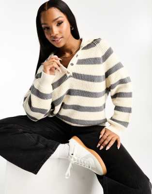 Pull&Bear button placket waffle knit jumper in grey stripe