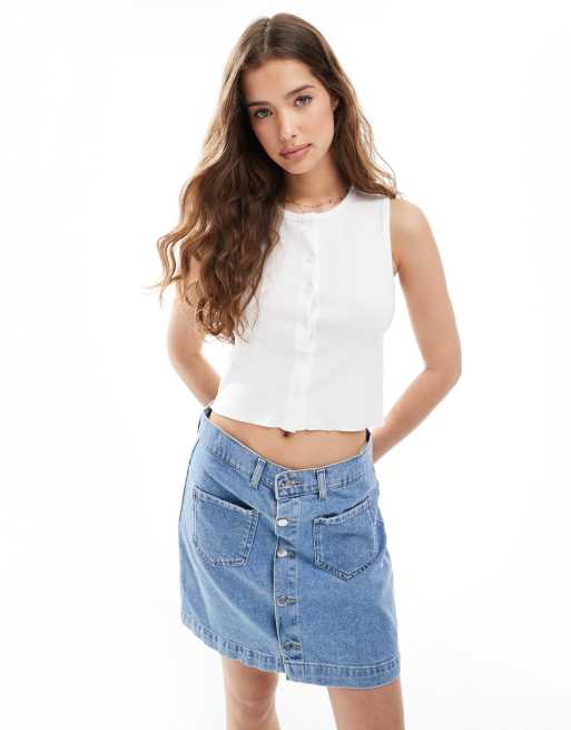 Pull&Bear button through singlet top in white