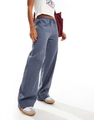 Pull & Bear Button Waist Wide Leg Pants In Blue Plaid