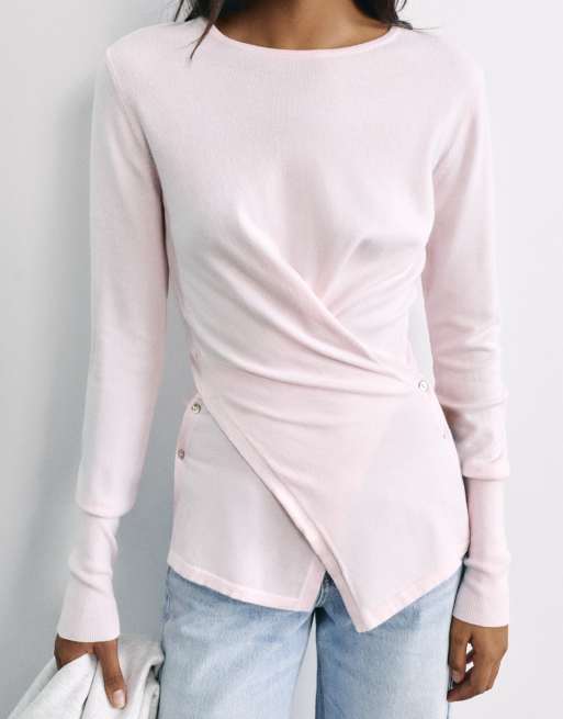 Pull&Bear Buttoned crossover jumper in pink, 4 of 7