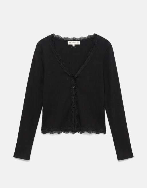 Pull&Bear Buttoned lace t-shirt in black, 6 of 7