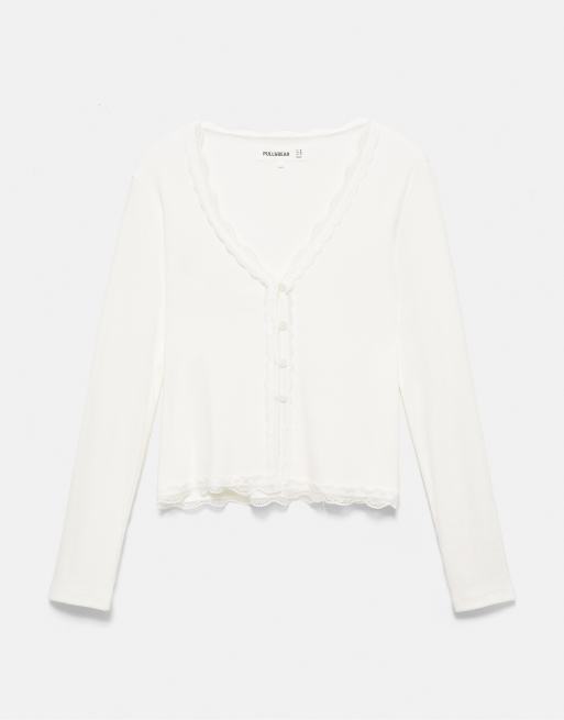 Pull&Bear Buttoned lace t-shirt in ice, 5 of 7