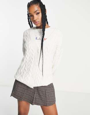 Pull & Bear Cable Knit Oversized Cardigan In Ecru-neutral