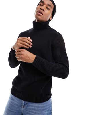 Pull&Bear cable knit roll neck jumper in black