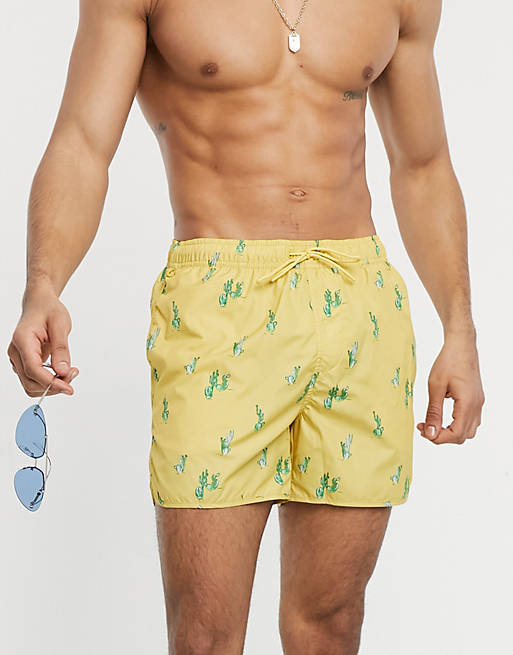 Pull&Bear cactus print swim shorts in yellow