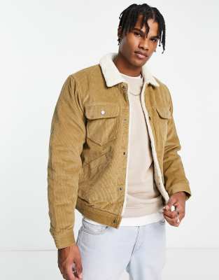Pull&Bear – Camelowa kurtka sztruksowa typu trucker z podszewką ze sztucznego kożuszka