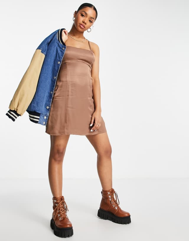 Pull&Bear cami mini satin slip dress in bronze