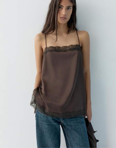 Pull&Bear - Cami top met bandjes in bruin - view 1