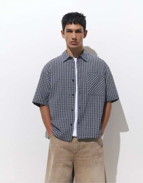 Pull&Bear - Camicia a maniche corte blu a quadri - view 1
